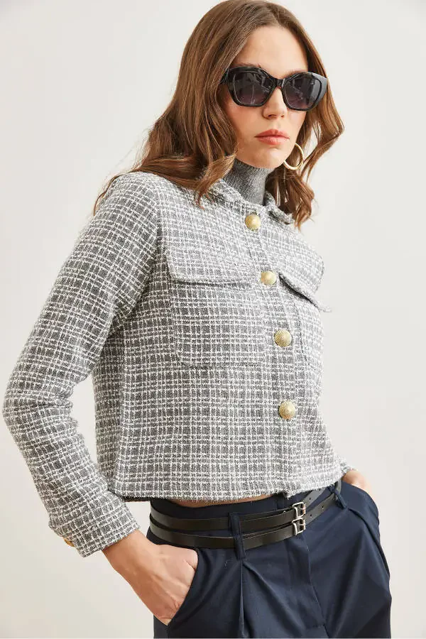 Women's Smoke Gray Flap Pocket Buttoned Sequined Detail Tweed Blazer CKT-19000411 - 7
