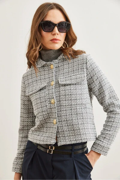 Women's Smoke Gray Flap Pocket Buttoned Sequined Detail Tweed Blazer CKT-19000411 - 8