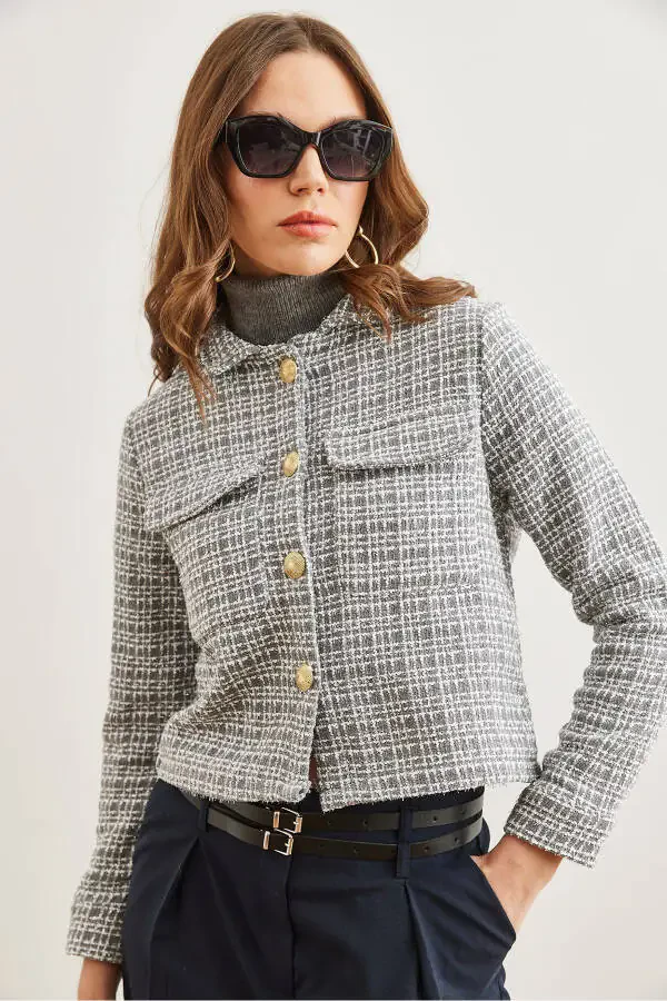 Women's Smoke Gray Flap Pocket Buttoned Sequined Detail Tweed Blazer CKT-19000411 - 8