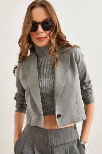 Women's Smoke Lined Premium Polyviscose Crop Blazer Jacket CKT-19000394-Smoke - 1