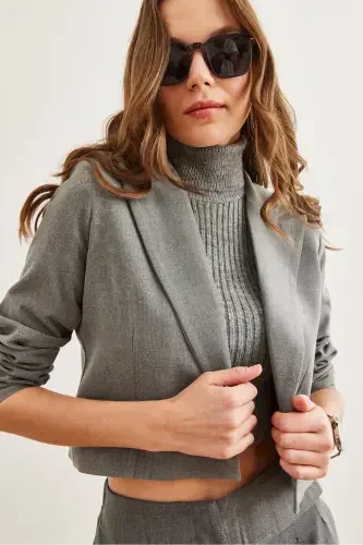 Women's Smoke Lined Premium Polyviscose Crop Blazer Jacket CKT-19000394-Smoke - 5