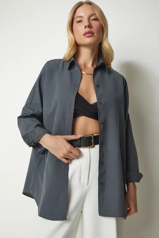 Women's Smoke Oversized Long Basic Shirt DD00842 - Smoke - 2