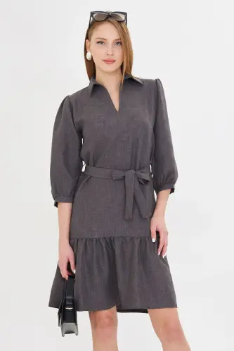 Women's Smoke Shirt Collar Quarter Sleeve Belted Skirt 