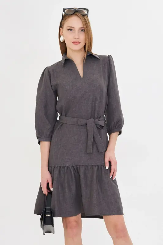 Women's Smoke Shirt Collar Quarter Sleeve Belted Skirt - ARMONIKA