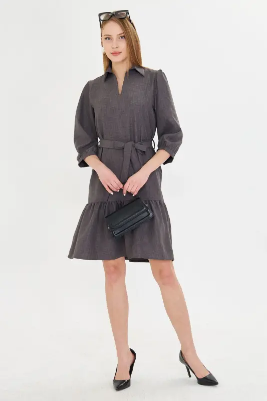 Women's Smoke Shirt Collar Quarter Sleeve Belted Skirt - 3