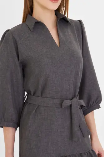 Women's Smoke Shirt Collar Quarter Sleeve Belted Skirt - 4