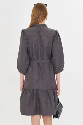 Women's Smoke Shirt Collar Quarter Sleeve Belted Skirt - 5