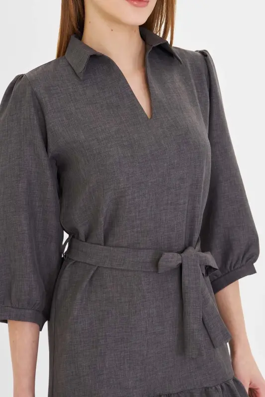 Women's Smoke Shirt Collar Quarter Sleeve Belted Skirt - 5