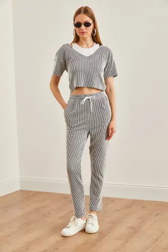 Women's Smoke Top Embellished Blouse Bottom Pocket Slim Fit Pan - 5