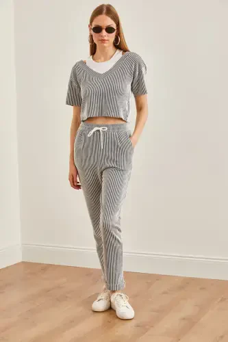 Women's Smoke Top Embellished Blouse Bottom Pocket Slim Fit Pan - OLALOOK (1)