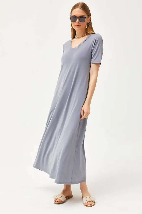 Women's Smoke V-Neck Loose Maxi Dress ELB-19002076 - 1
