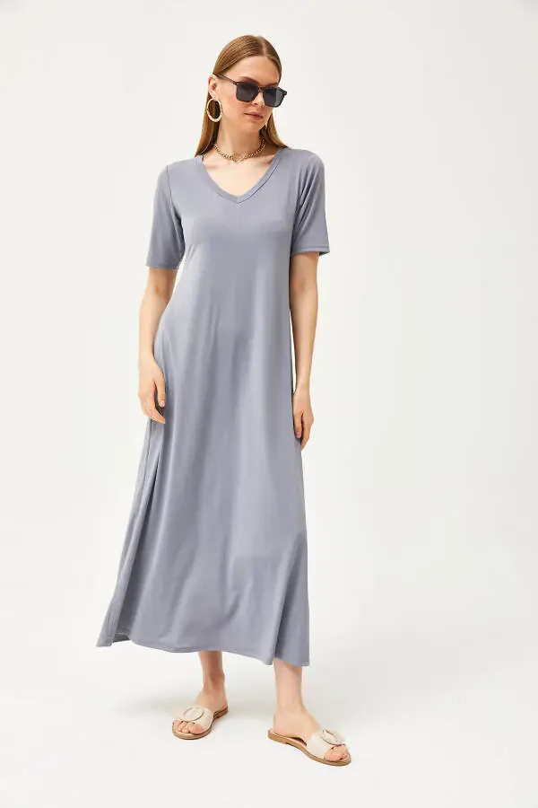 Women's Smoke V-Neck Loose Maxi Dress ELB-19002076 - 3