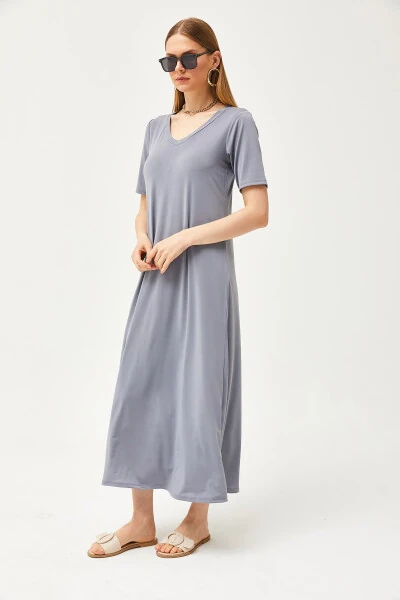 Women's Smoke V-Neck Loose Maxi Dress ELB-19002076 - 4