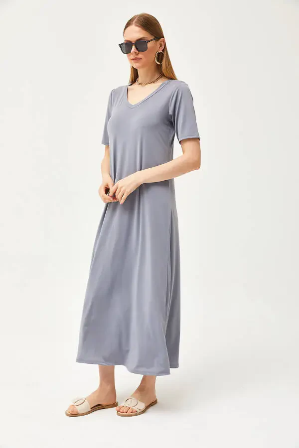 Women's Smoke V-Neck Loose Maxi Dress ELB-19002076 - 4