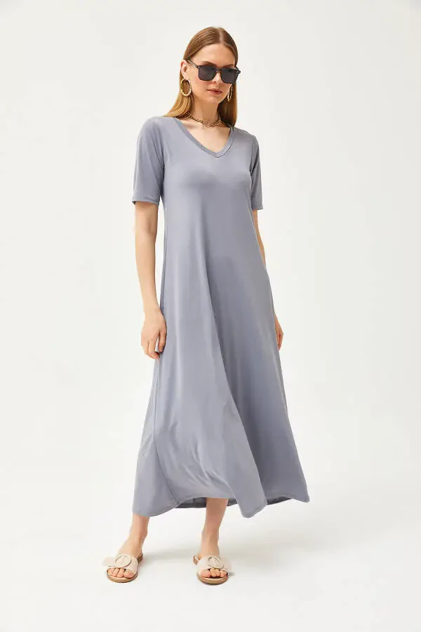 Women's Smoke V-Neck Loose Maxi Dress ELB-19002076 - 5