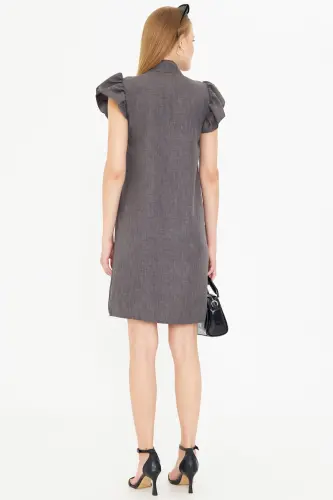 Women's Smoke V-Neck Ruffled Sleeve Tie Detailed Dress ARM-25Y001022-Smoke - 9
