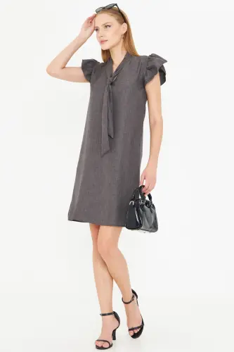 Women's Smoke V-Neck Ruffled Sleeve Tie Detailed Dress ARM-25Y001022-Smoke - 2