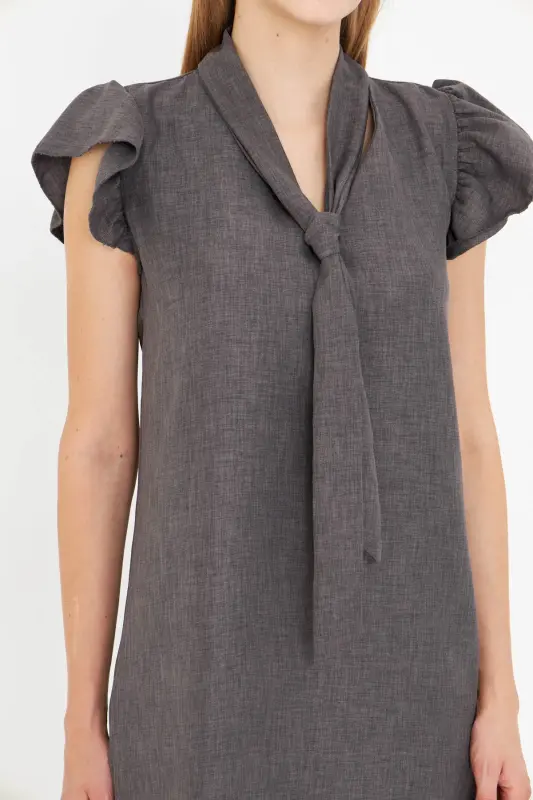 Women's Smoke V-Neck Ruffled Sleeve Tie Detailed Dress ARM-25Y001022-Smoke - 4