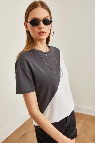 Women's Smoke White Asymmetric Blocked T-Shirt TSH-19000 - 4