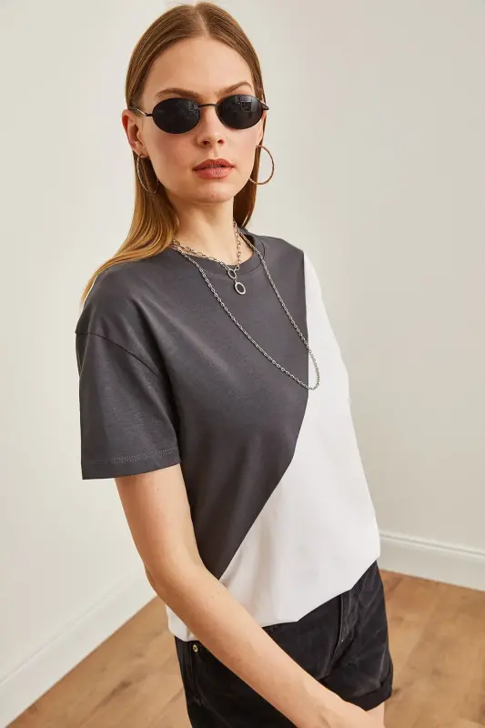 Women's Smoke White Asymmetric Blocked T-Shirt TSH-19000 - 4