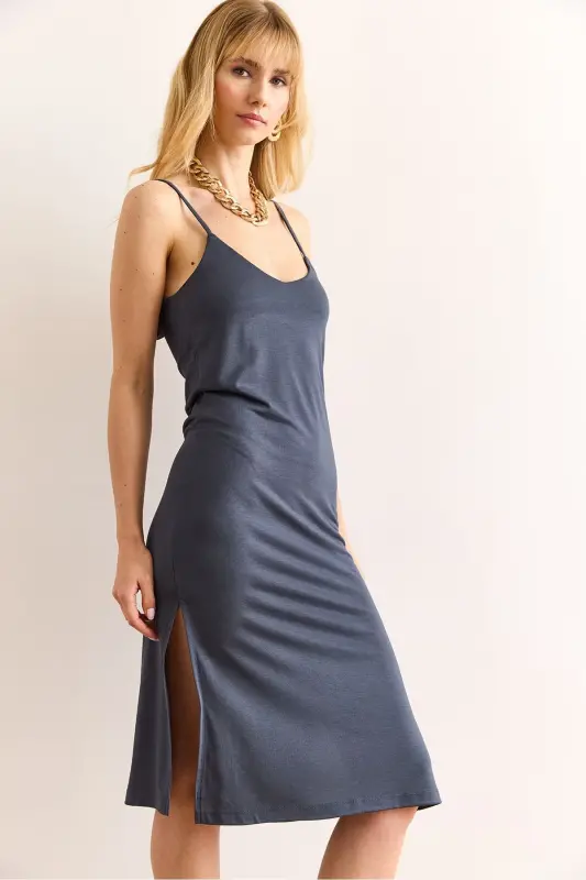 Women's Smoked Adjustable Strap Slit Mini Dress - 3