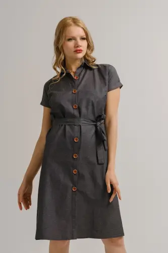 Women's Smoked Belted Short Sleeve Shirt Dress Arm-19y001068-Smoked - 1