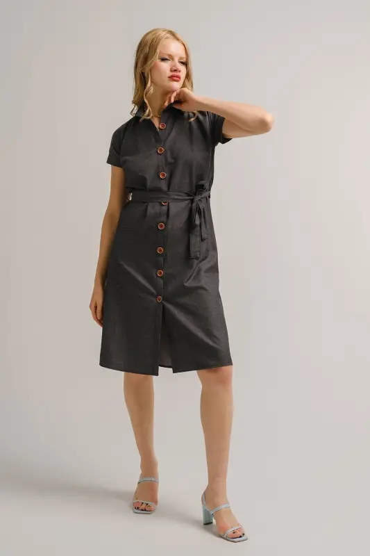 Women's Smoked Belted Short Sleeve Shirt Dress Arm-19y001068-Smoked - 2