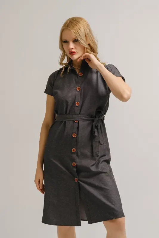 Women's Smoked Belted Short Sleeve Shirt Dress Arm-19y001068-Smoked - 3