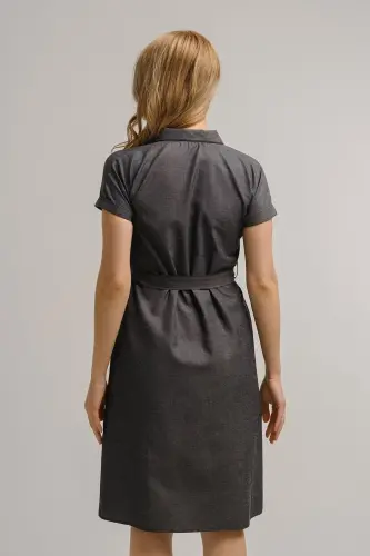 Women's Smoked Belted Short Sleeve Shirt Dress Arm-19y001068-Smoked - 4