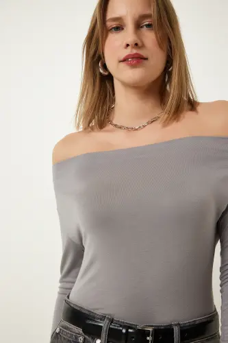 Women's Smoked Boat Neck Knitted Blouse RX00046-Smoked - HAPPINESS İSTANBUL (1)