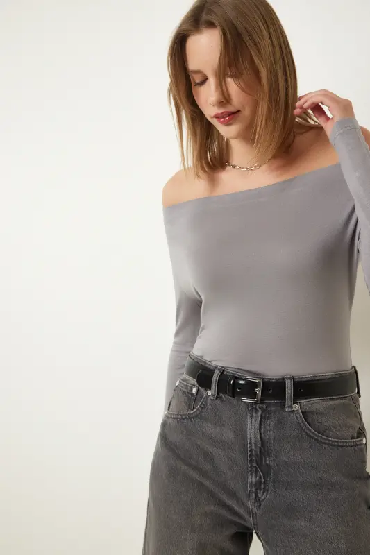 Women's Smoked Boat Neck Knitted Blouse RX00046-Smoked - 5