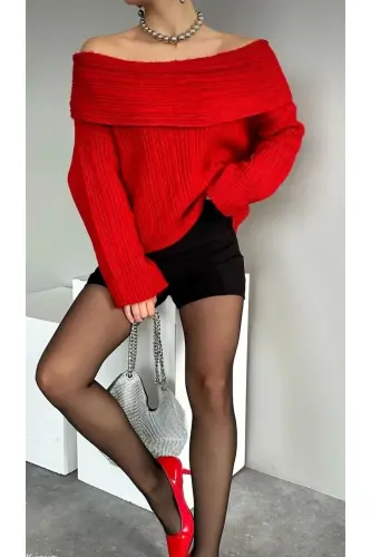 Women's Smoked Boat Neck Off-Shoulder Ribbed Sweater with Fold Detail-CRIMSON - GENEL MARKALAR (1)