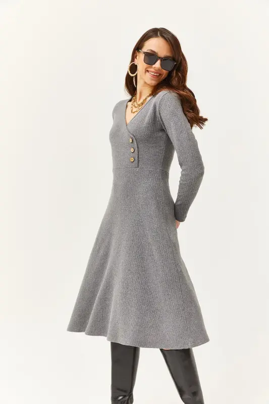 Women's Smoked Button Detailed Crossover Midi Flared Dress ELB-19002031-Smoked - 3