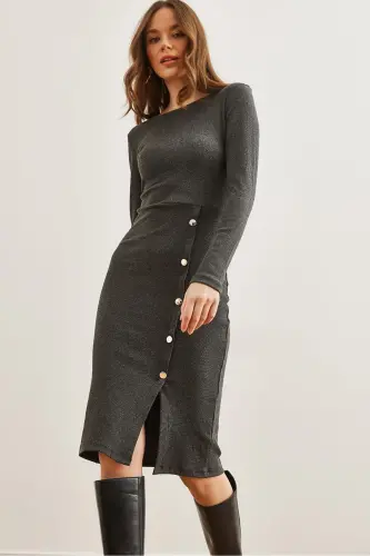 Women's Smoked Button Detailed Slit Midi Flexible Dress 