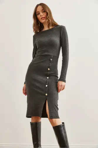 Women's Smoked Button Detailed Slit Midi Flexible Dress - OLALOOK (1)