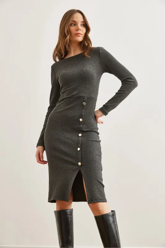Women's Smoked Button Detailed Slit Midi Flexible Dress - 3