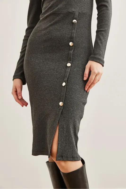 Women's Smoked Button Detailed Slit Midi Flexible Dress - 4