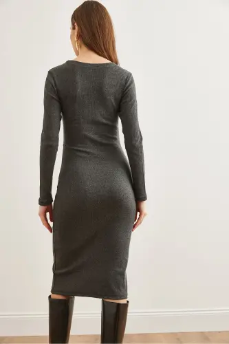 Women's Smoked Button Detailed Slit Midi Flexible Dress - 5