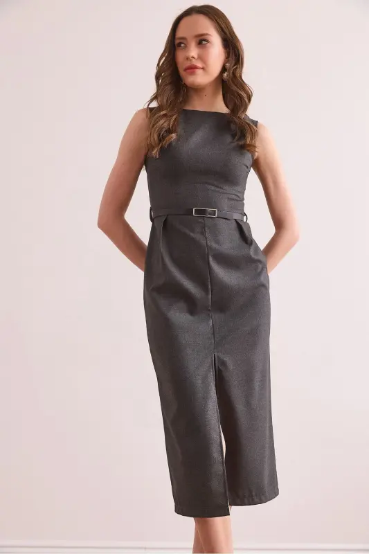 Women's Smoked Front Slit Belted Polyviscose Dress - OLALOOK