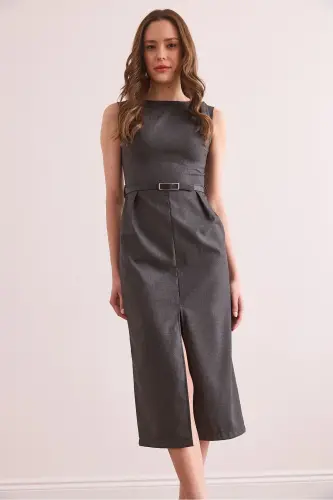 Women's Smoked Front Slit Belted Polyviscose Dress - 2