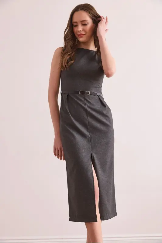 Women's Smoked Front Slit Belted Polyviscose Dress - 3