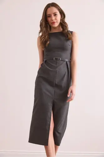 Women's Smoked Front Slit Belted Polyviscose Dress - 4