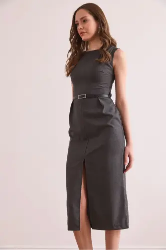 Women's Smoked Front Slit Belted Polyviscose Dress - 5