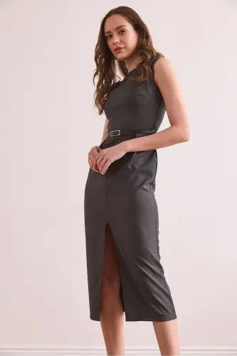 Women's Smoked Front Slit Belted Polyviscose Dress - 6