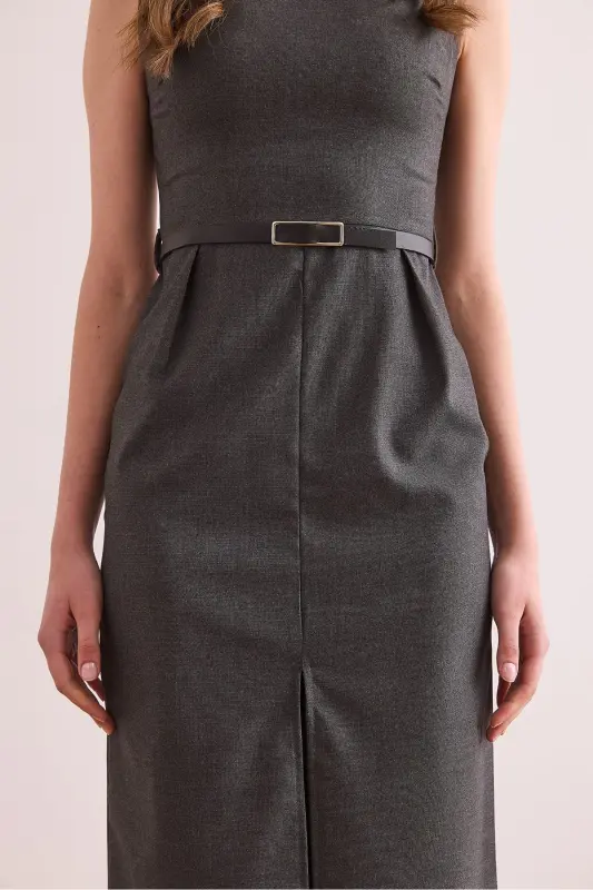 Women's Smoked Front Slit Belted Polyviscose Dress - 7