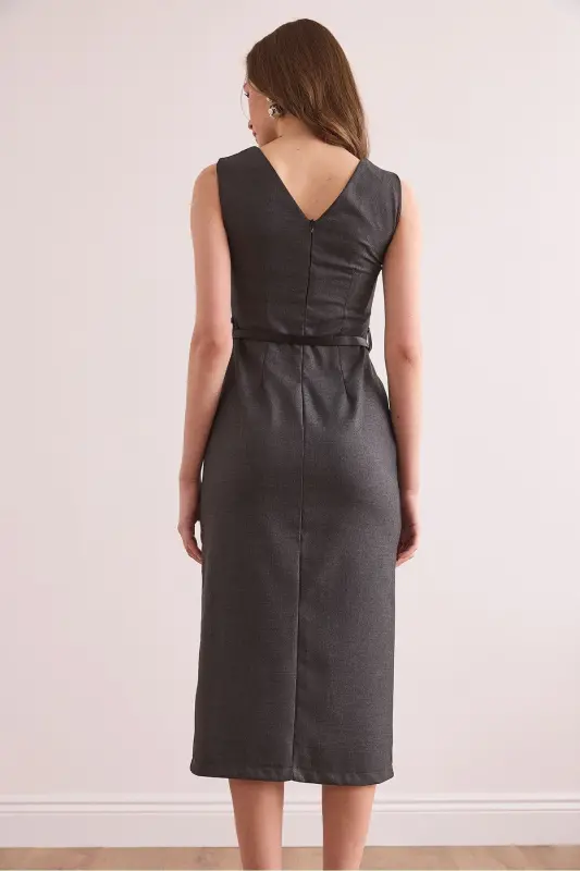 Women's Smoked Front Slit Belted Polyviscose Dress - 8