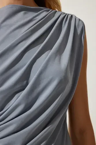 Women's Smoked Gathered Sleeveless Knitted Blouse YU00015-Smoked - HAPPINESS İSTANBUL (1)