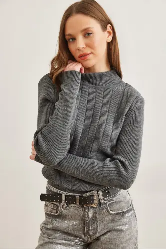 Women's Smoked Gray Half Turtleneck Zigzag Textured Soft Knit Sweater KZK-19000447-Smoked Gray 
