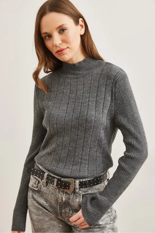 Women's Smoked Gray Half Turtleneck Zigzag Textured Soft Knit Sweater KZK-19000447-Smoked Gray - 3