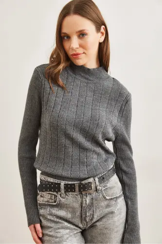 Women's Smoked Gray Half Turtleneck Zigzag Textured Soft Knit Sweater KZK-19000447-Smoked Gray - 4